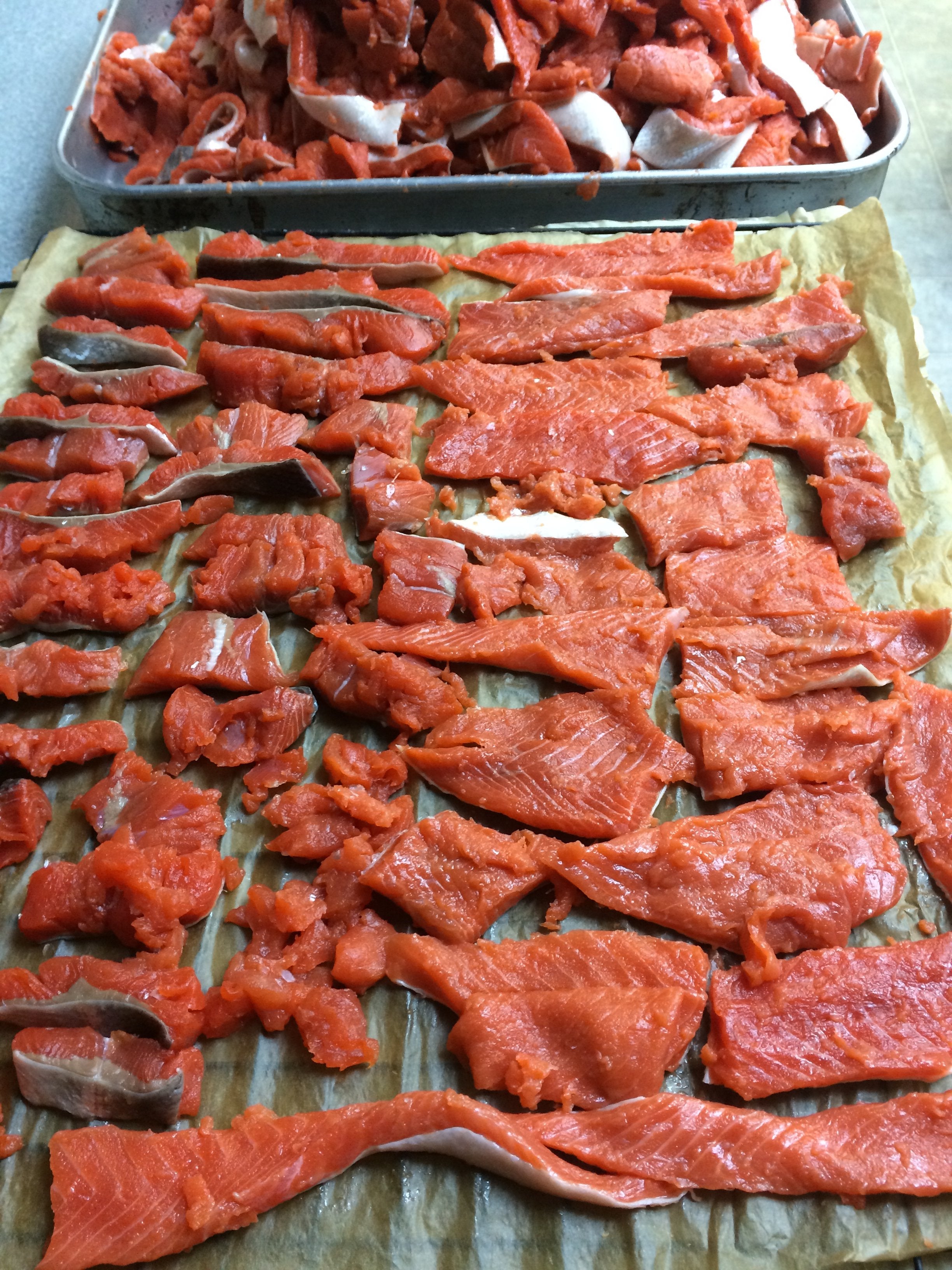 Fresh wild Alaska Sockeye strips ready for drying.