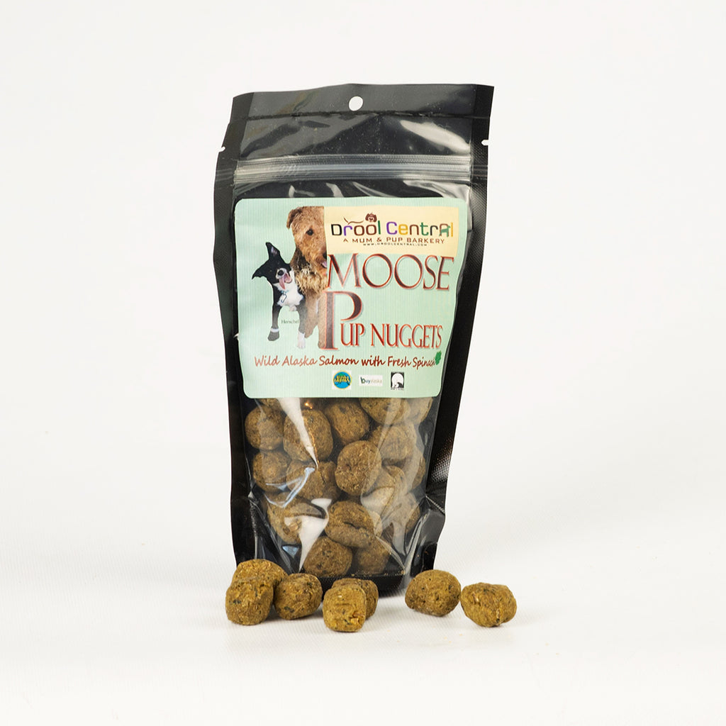 Edible version of Alaskan moose nuggets with salmon & spinach for dogs.